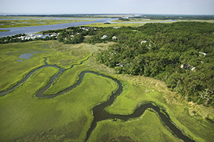 Aerial view of coastal waterway, Bald Head Island, North Carolina