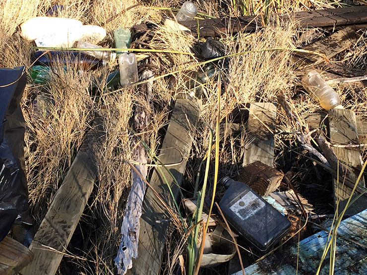Plastic bottles and pieces of wood found by volunteers.