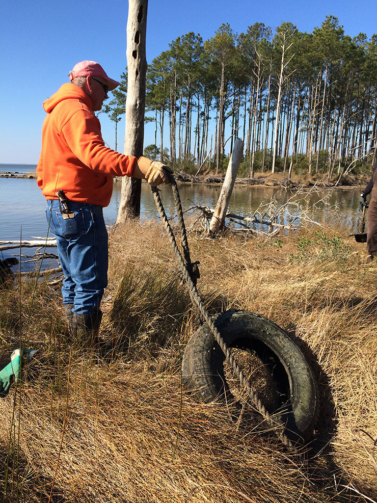 A tire is removed from the salt marsh by a volunteer.