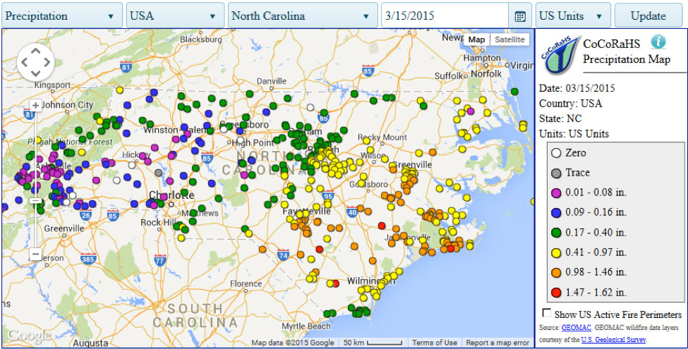 Map that shows rainfall amounts March 14 and 15, 2015.