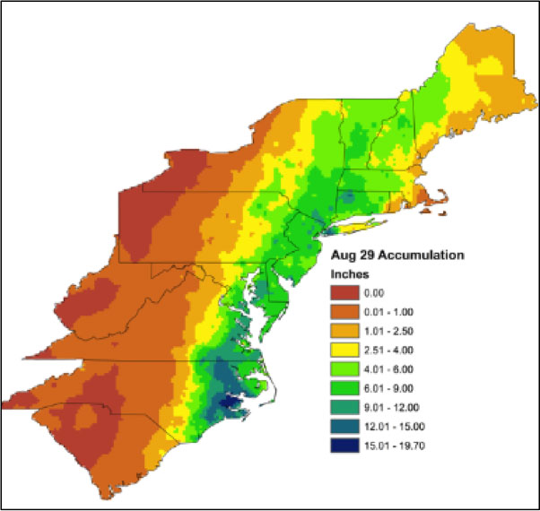 Map of total rainfall from Hurricane Irene, August 28 and 29, 2011