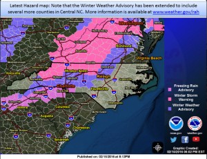Map of NC ice and rain for Feb. 15