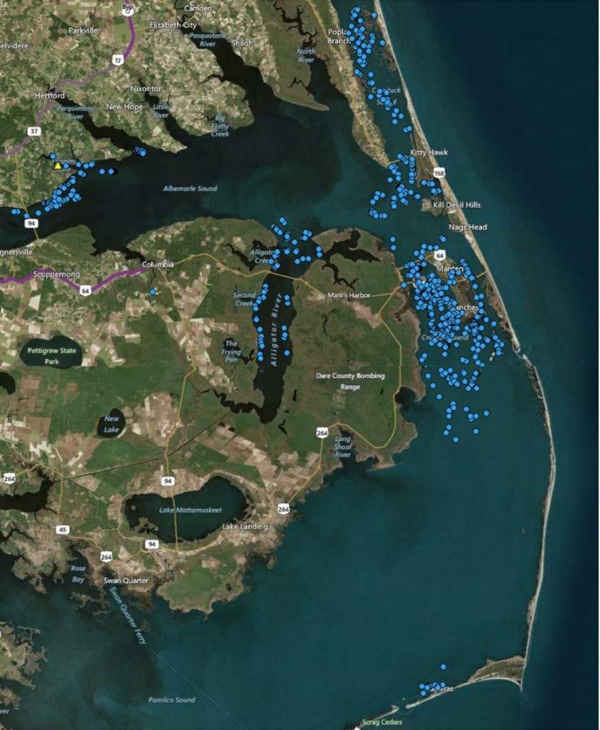 map of NC and where crab pots were found.