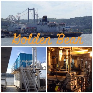 Collage of training ship, ballast water-testing facility and engine room