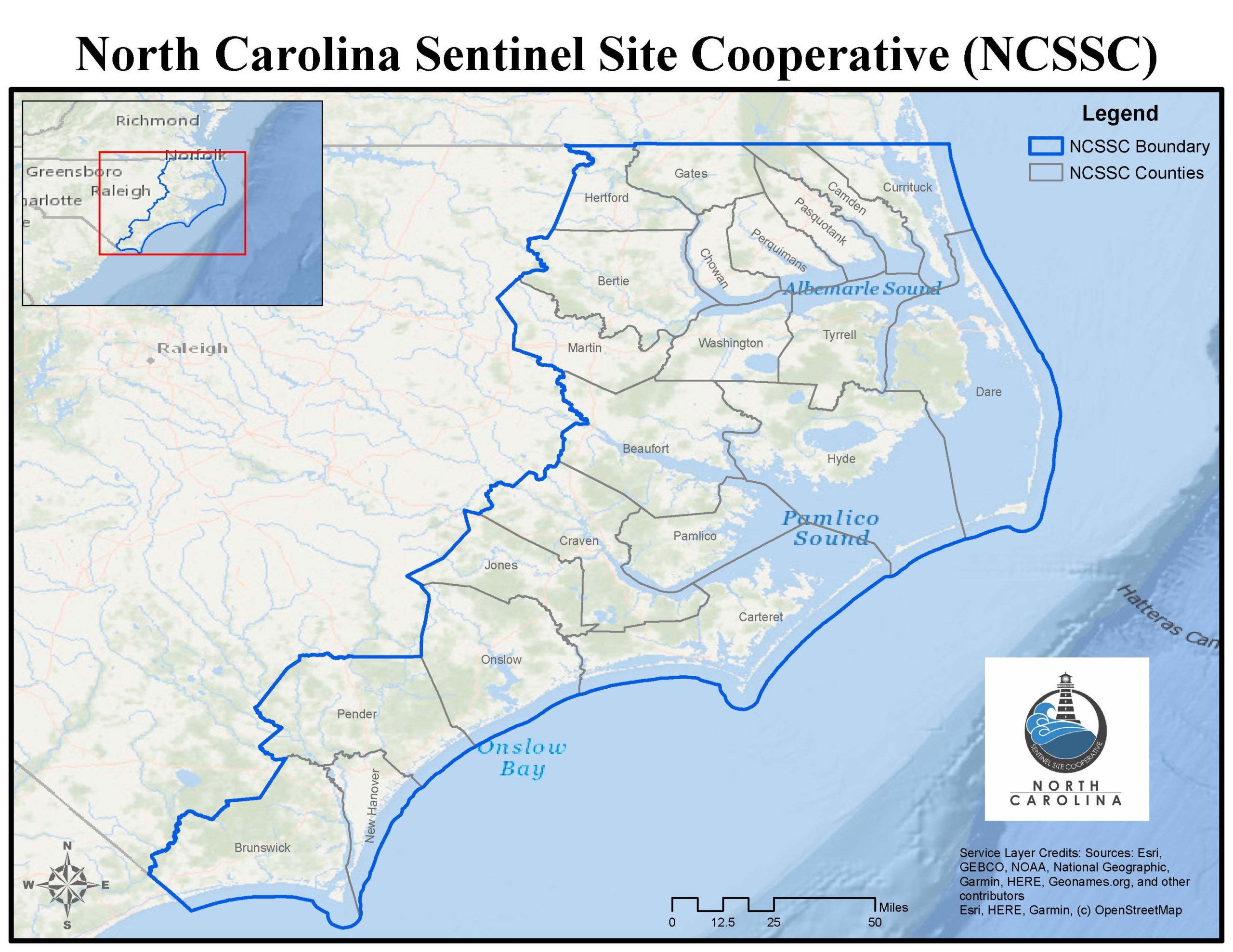 A map of the North Carolina Sentinel Site Cooperative, which includes the 20 counties designated by the N.C. Coastal Area Management Act, plus Jones and Martin counties.