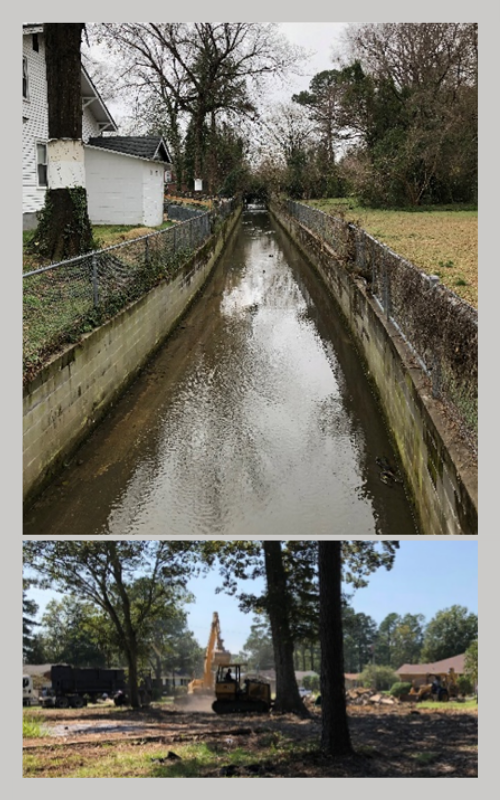 Top: Concrete walls armoring Big Ditch in Goldsboro, North Carolina. Bottom: Workers demolish a house on property acquired though the FEMA HMGP in Lumberton.