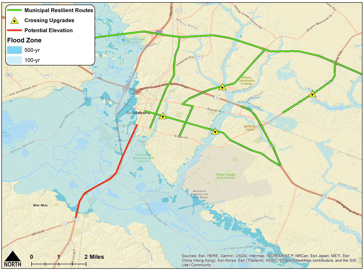Example of resilient routes in Goldsboro. Credit: N.C. Sea Grant/NC State Department of Biological & Agricultural Engineering
