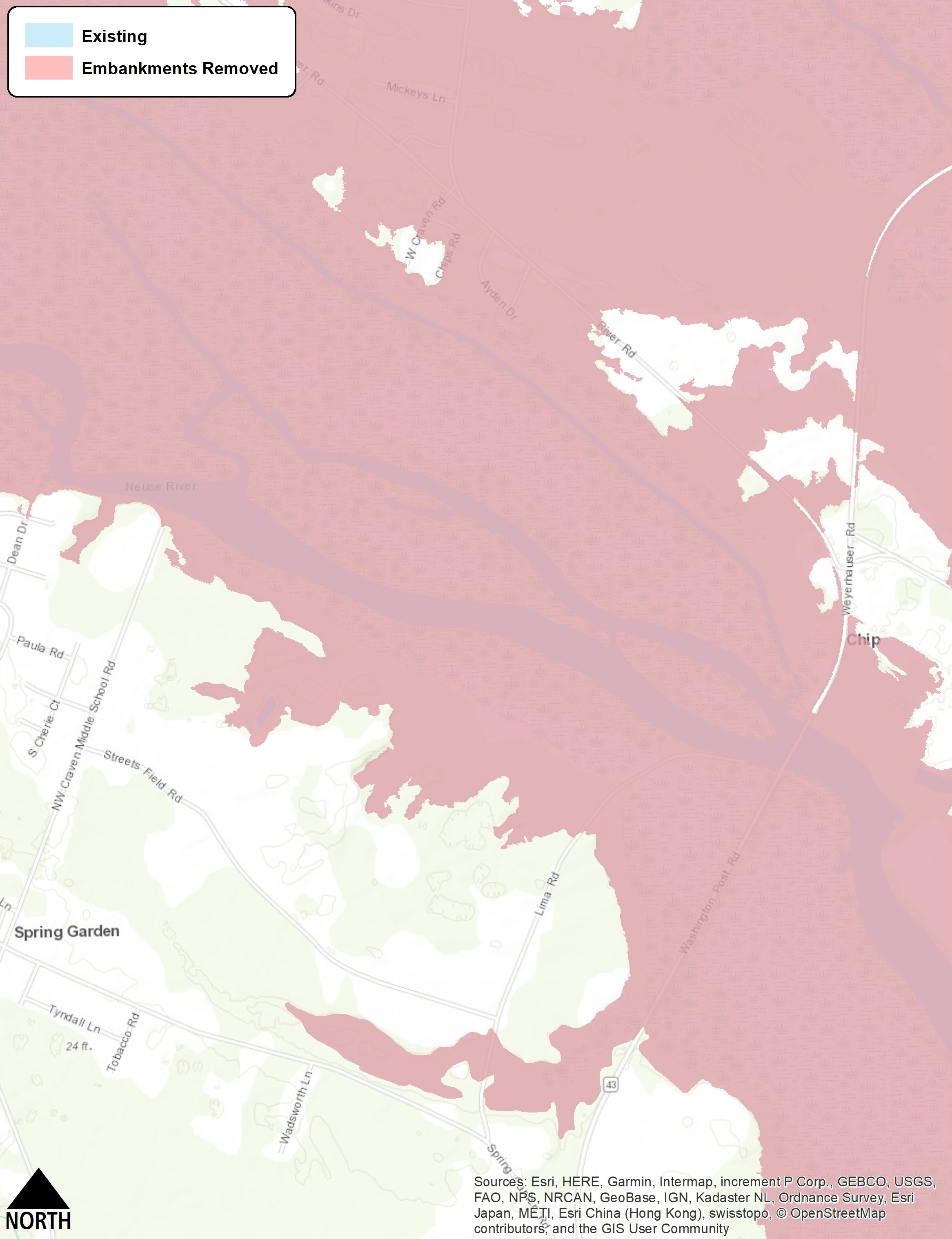 Figure 12: Flood extents for a Hurricane Matthew-scale event comparing the existing condition (blue) to the reduced floodplain extent (pink) that can be achieved by modifying the N.C. 43 Bridge and the downstream Railroad Bridge over Swift Creek. The 0.1-foot reduction in water surface is so minor that it results in no distinguishable change in the areal extent of flooding.