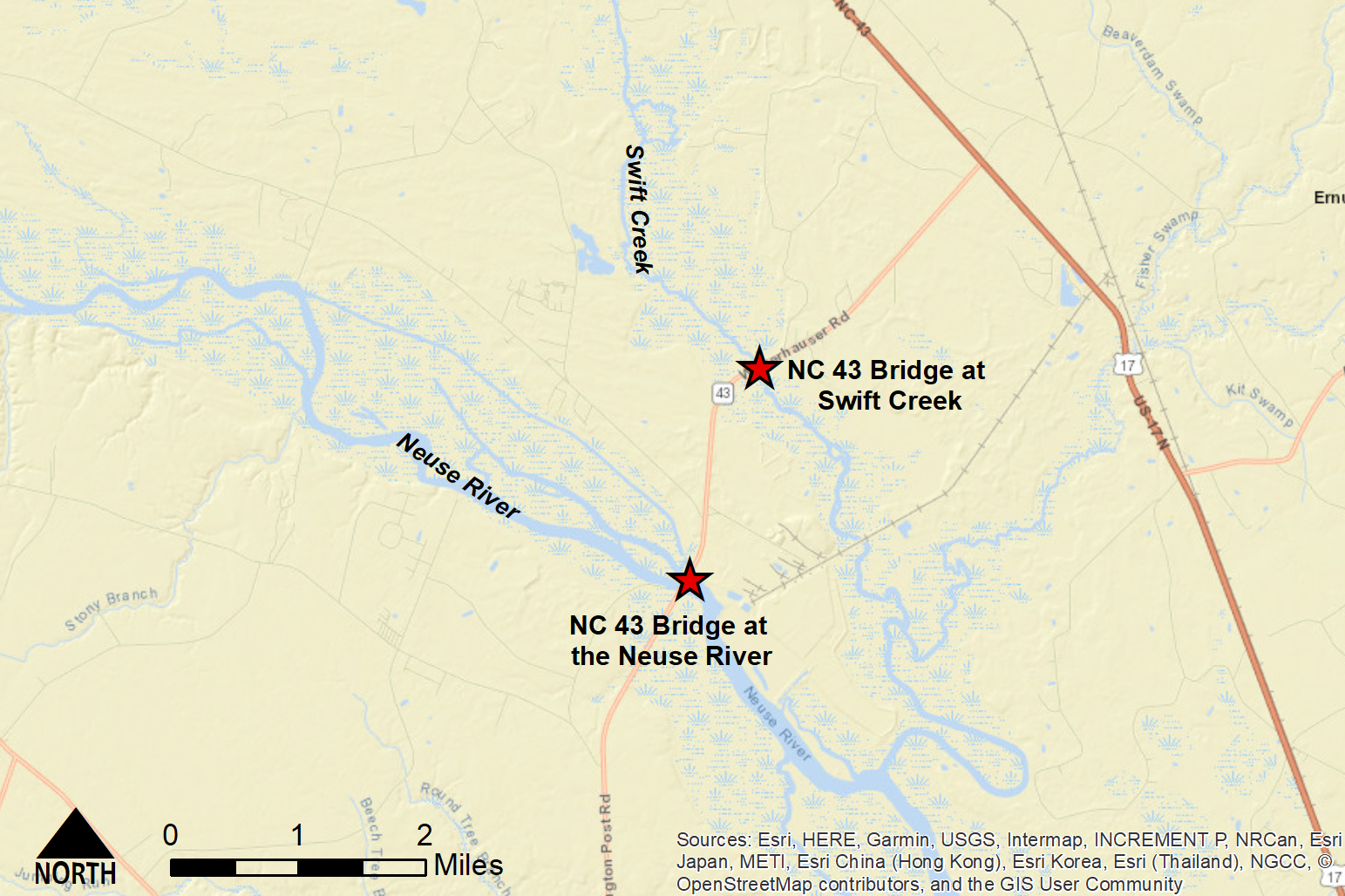 Street map of Craven County bridges investigated in the modeling study.