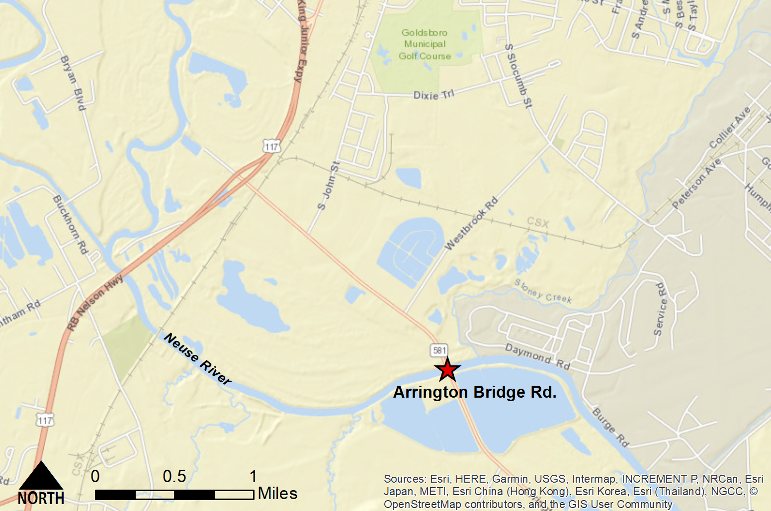 Street map of Goldsboro bridge investigated in the modeling study.