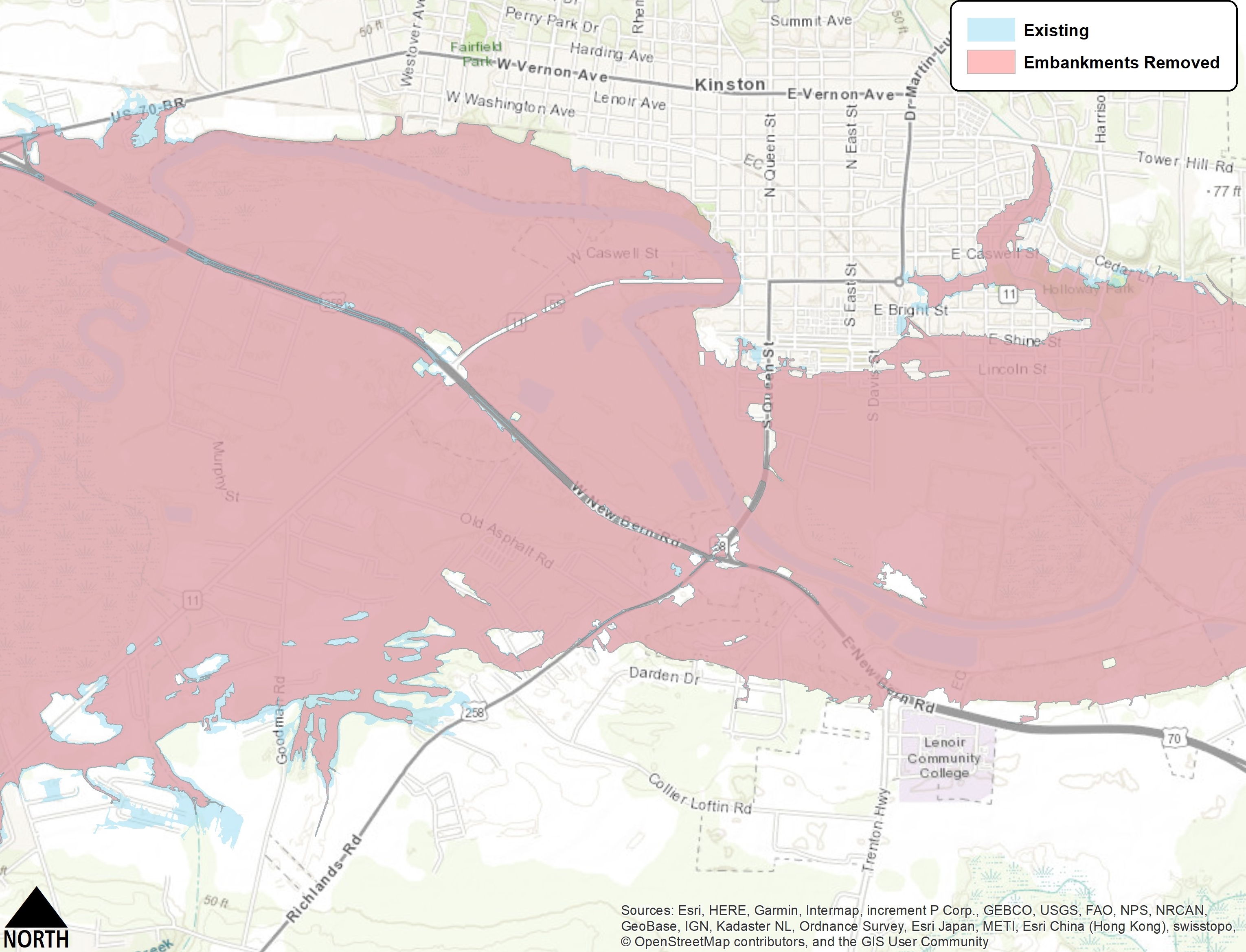 Figure 8: Flood extents for a Hurricane Matthew-scale event comparing the existing condition (blue) to the reduced floodplain extent (pink) that can be achieved by modifying all three bridges (U.S. 70, King Street and Queen Street). The 1.2-foot reduction in water surface results in only a minor change in the areal extent of flooding due to the shape of the floodplain and the surrounding terrain (see Figure 7 above).
