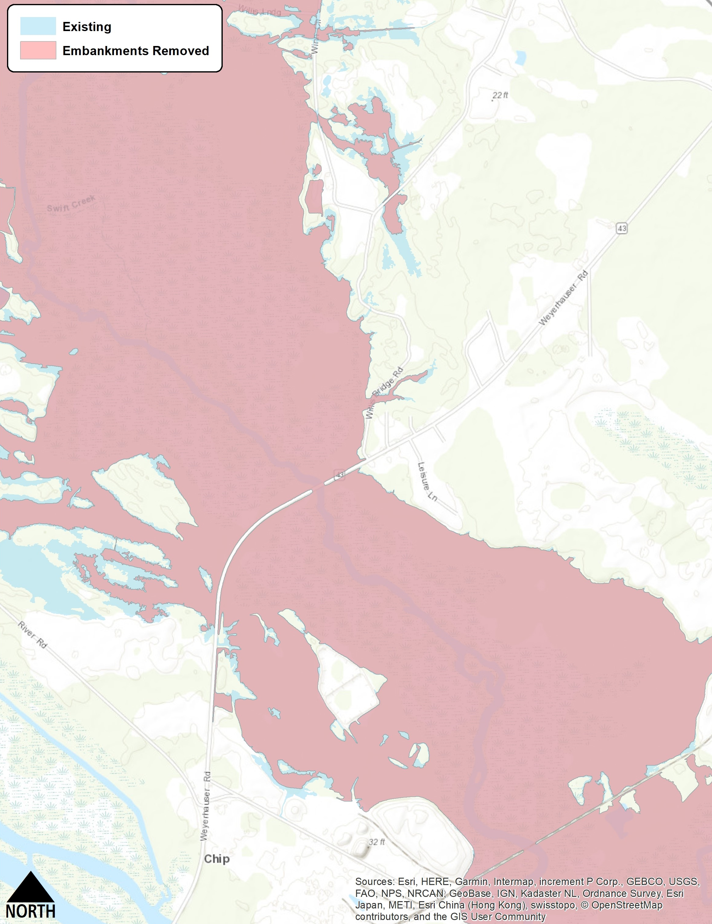 Figure 11: Flood extents for a Hurricane Matthew-scale event comparing the existing condition (blue) to the reduced floodplain extent (pink) that can be achieved by modifying the N.C. 43 Bridge and the downstream railroad bridge over Swift Creek. The 0.9-foot reduction in water surface results in only a minor change in the areal extent of flooding due to the shape of the floodplain and the surrounding terrain (see Figure 10 above).