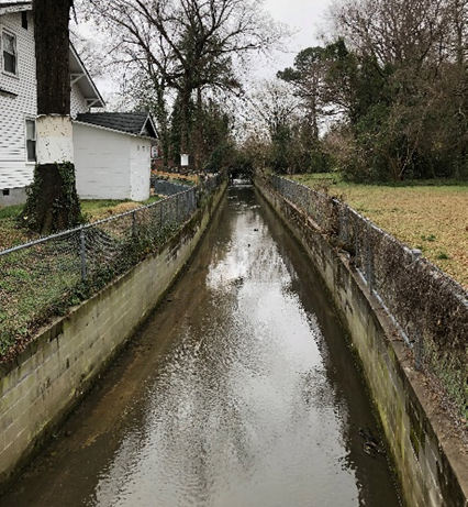 Concrete walls armoring Big Ditch in Goldsboro, North Carolina.