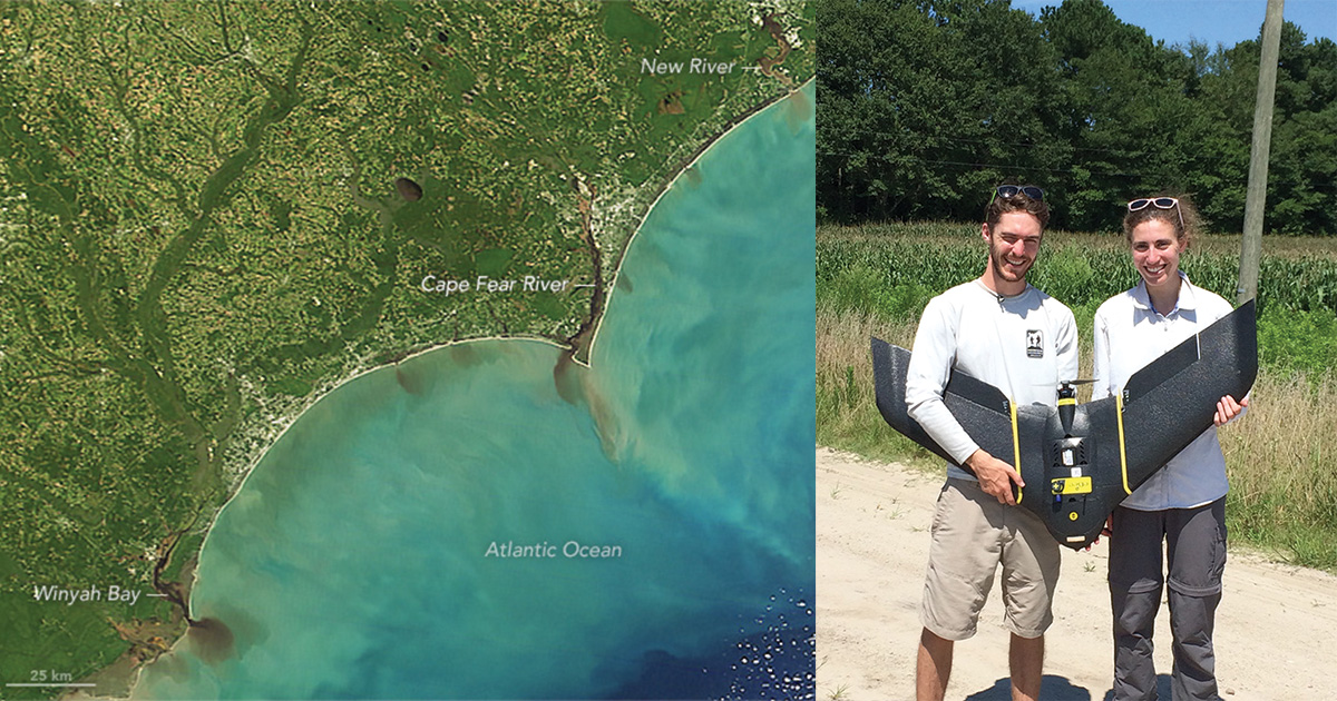 A satellite image of the coast and another image of two students with a drone