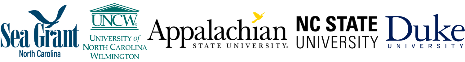 Logos for North Carolina Sea Grant, UNCW, Appalachian State University,NC State University, and duke University