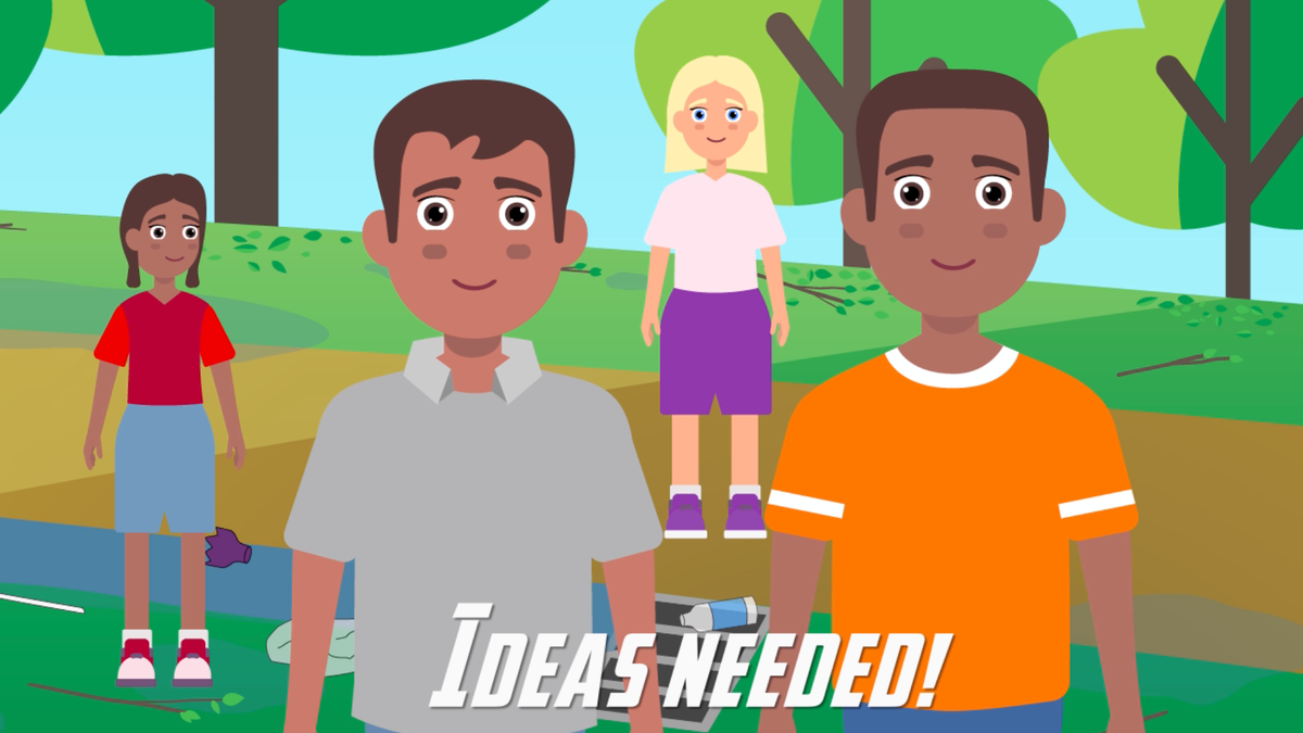 Image of individuals standing outside with the caption "Ideas needed!"