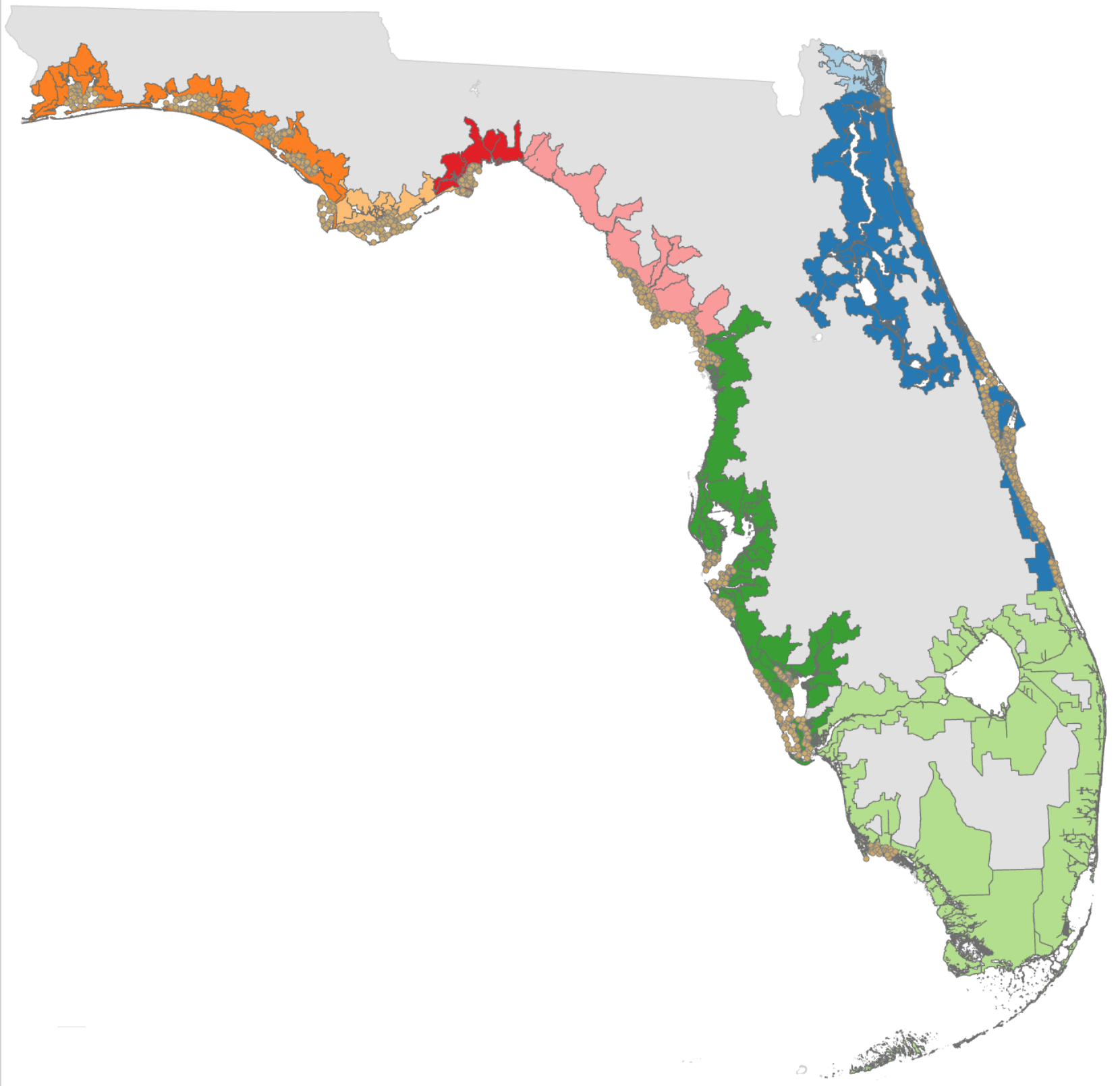 Map of Florida featuring eight different watershed areas (differentiated by color) that Nat and the team are designing predictive models for