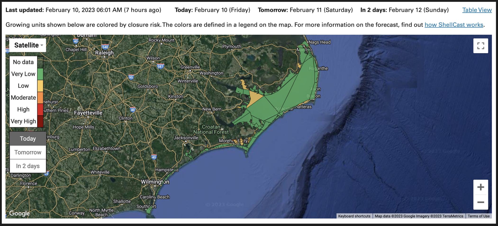 Screenshot of ShellCast's closure predictions for February 10, 2023