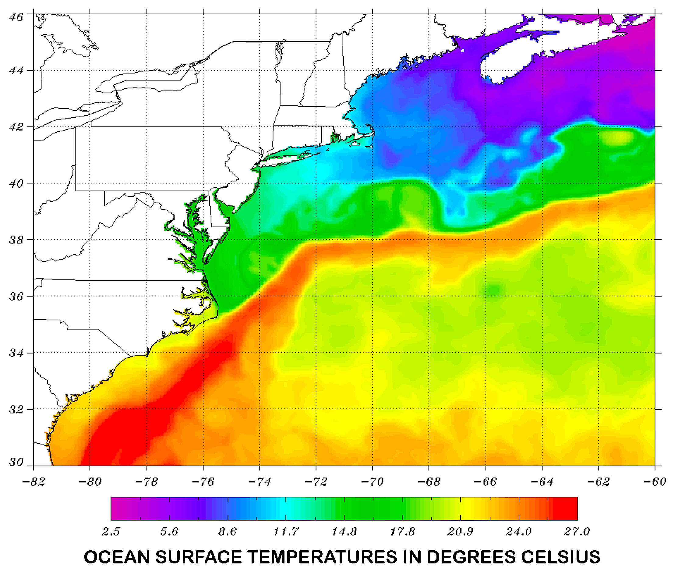 map: NOAA/NESDIS Geo-Polar Blended 5 km. 55T Analysis for the North Atlantic (ocean surface temperatures).