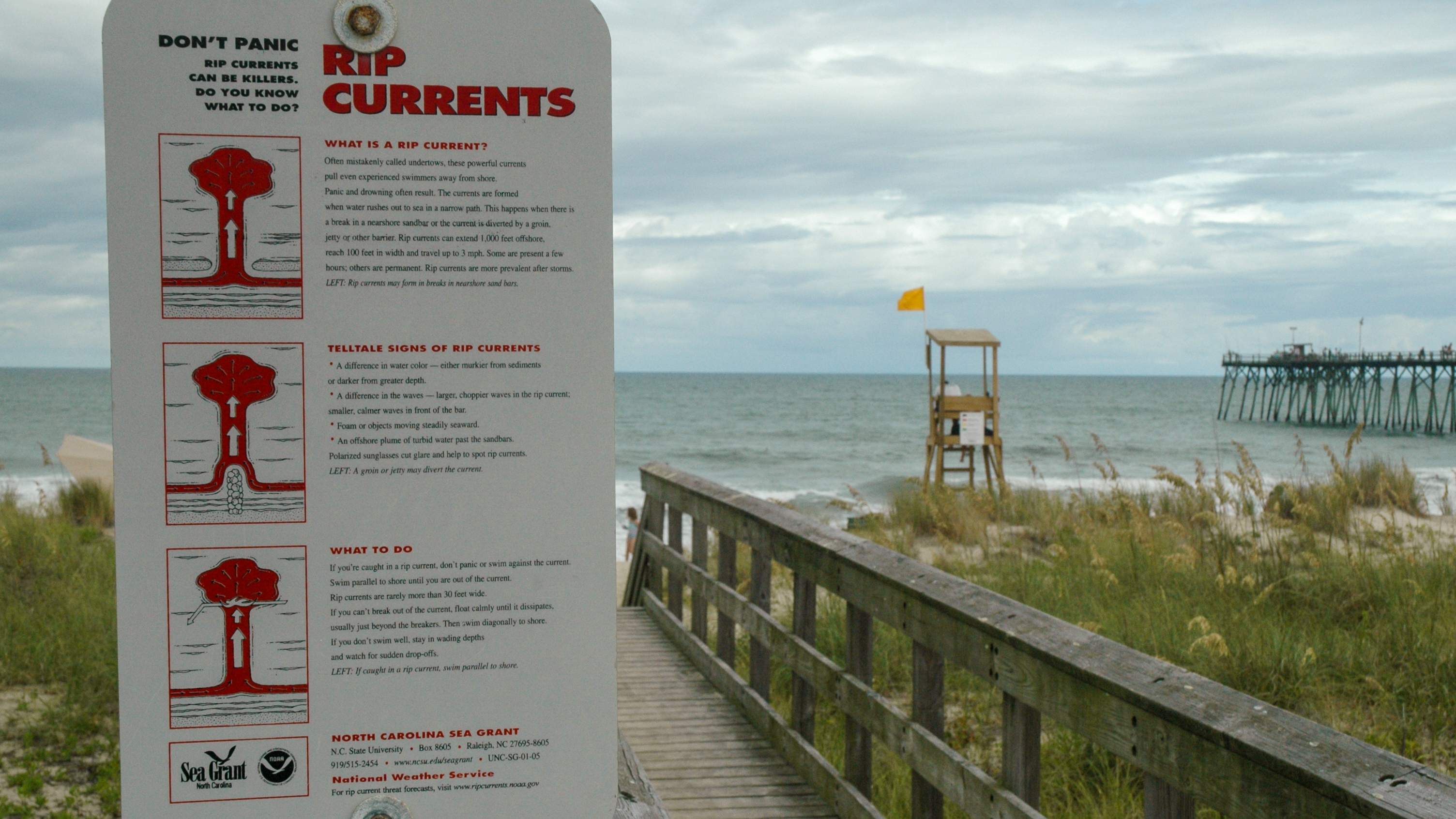 a rip current educational sign at the beach 