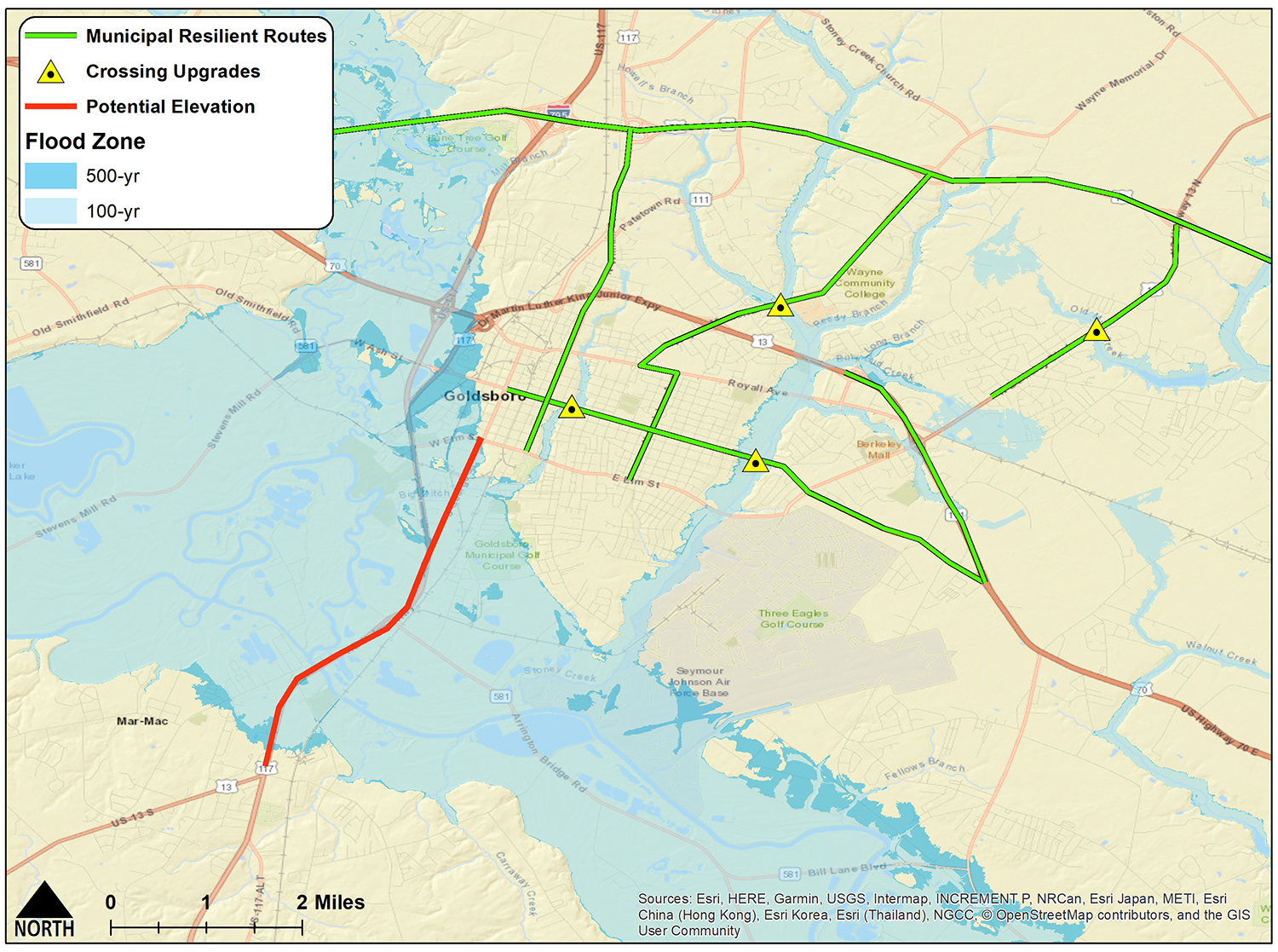 Map of resilient routes in Goldsboro