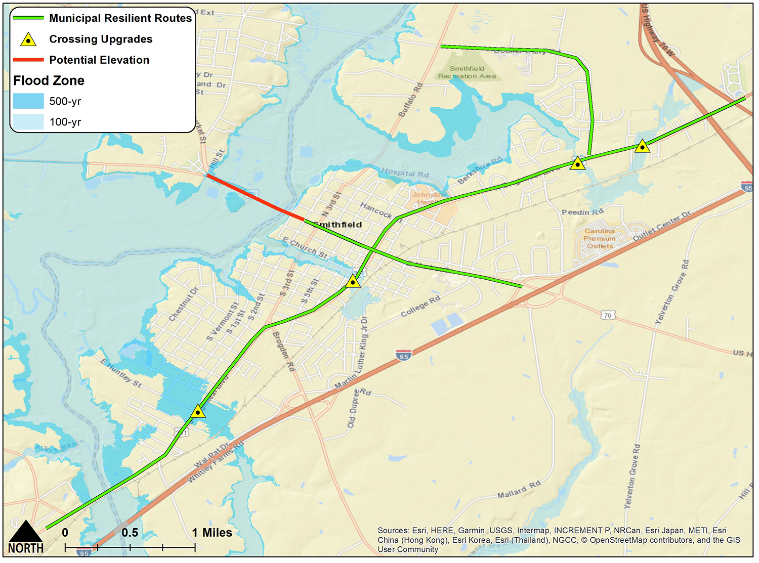 Map of resilient routes in Smithfield