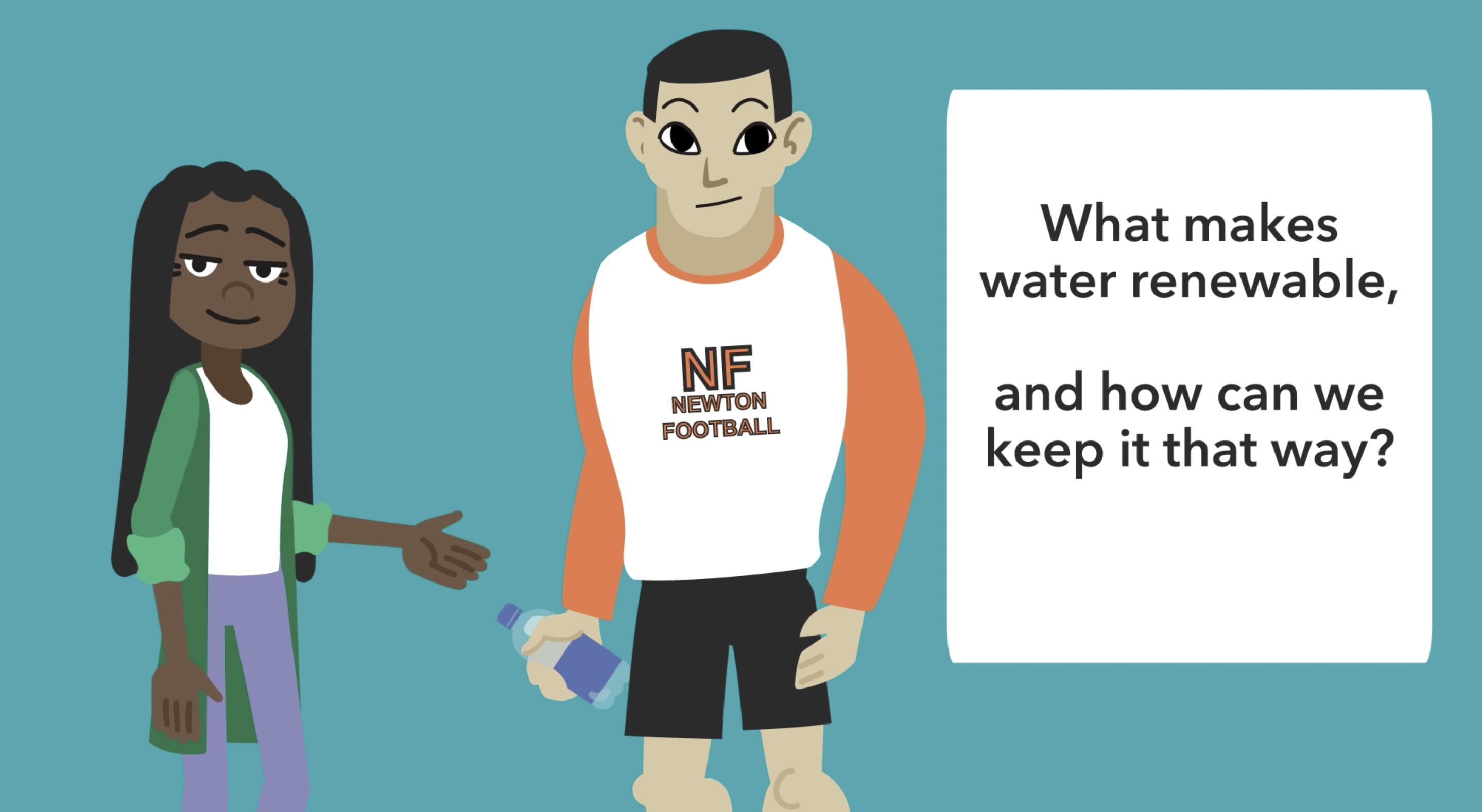 An animation still of two students standing as part of a PBS video on renewable water