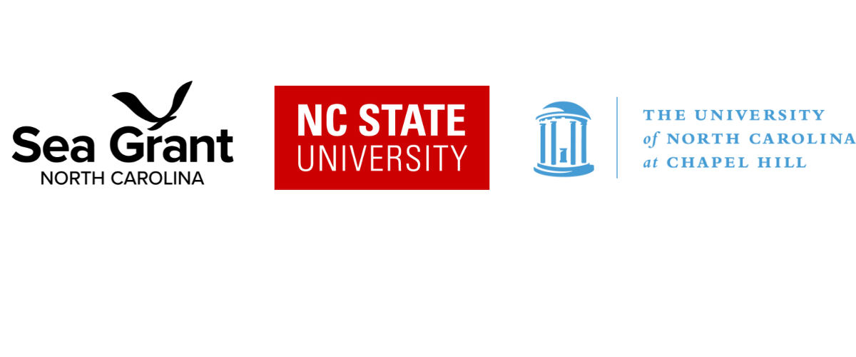 Three logos representing partners on this project: the NC Sea Grant logo has the program's name in black font and features a flying bird; the NC State logo has the school's name in a white font against a red background; and, the UNC-Chapel Hill logo features the school's name in light blue font next to the Rotunda, also in light blue.