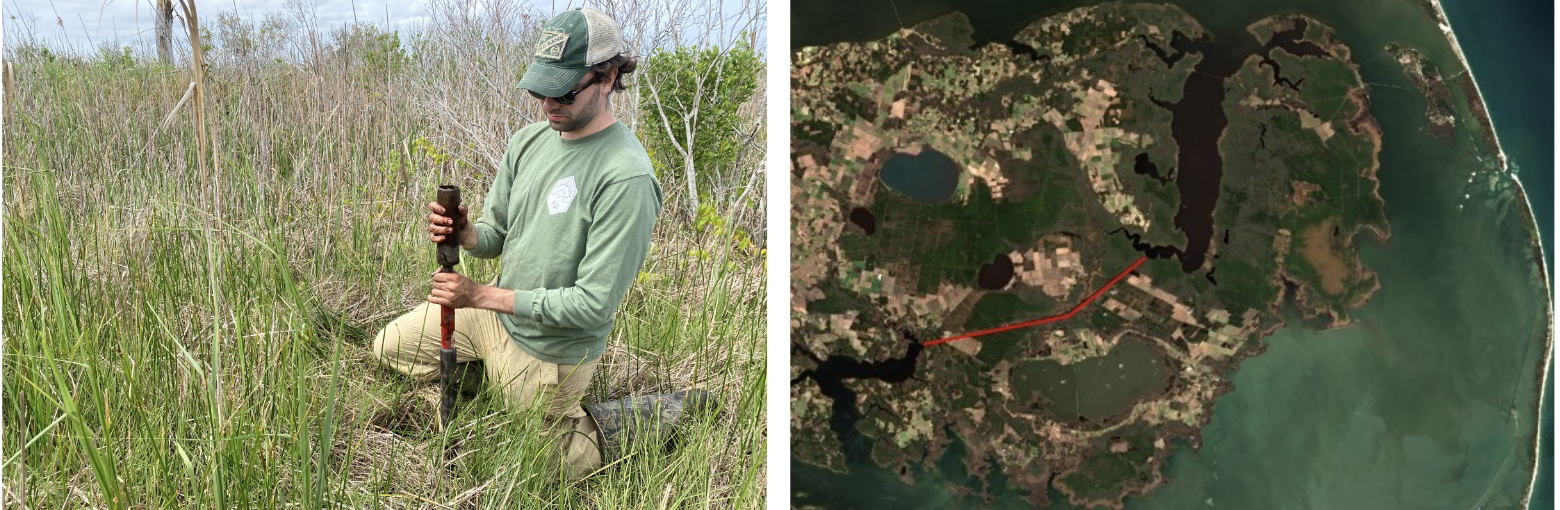 Two images - on the left, a person conducts field work in a marshy area of NC; on the right is a satellite image of part of the NC coastline