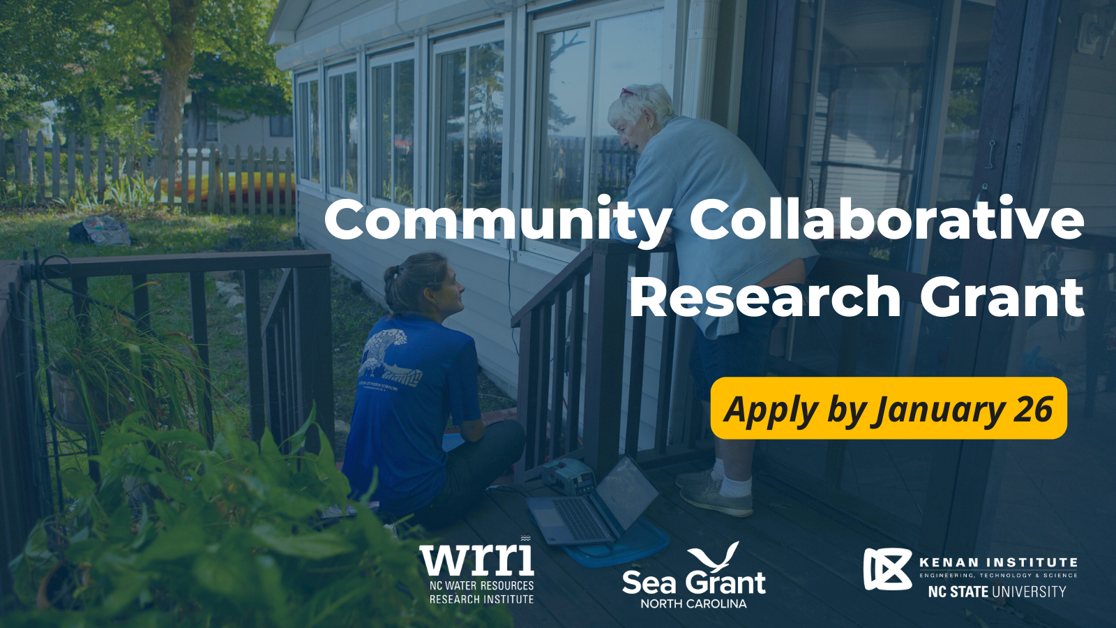 Background image of researcher and community member talking outside the house of the community member. Text reads, "Community Collaborative Research Grant - Apply by January 26, 2024." At bottom are three logos: NC Water Resources Reseaerch Institute; NC Sea Grant; Kenan Institute for Engineering, Technology, and Science.
