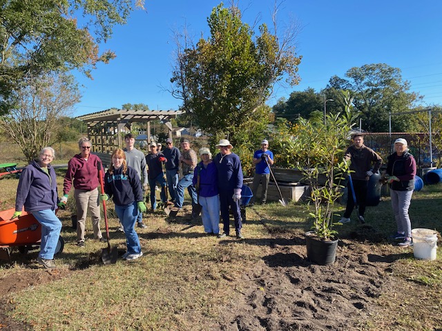 A team of volunteers standing in a field surrounded by native plants and gardening tools