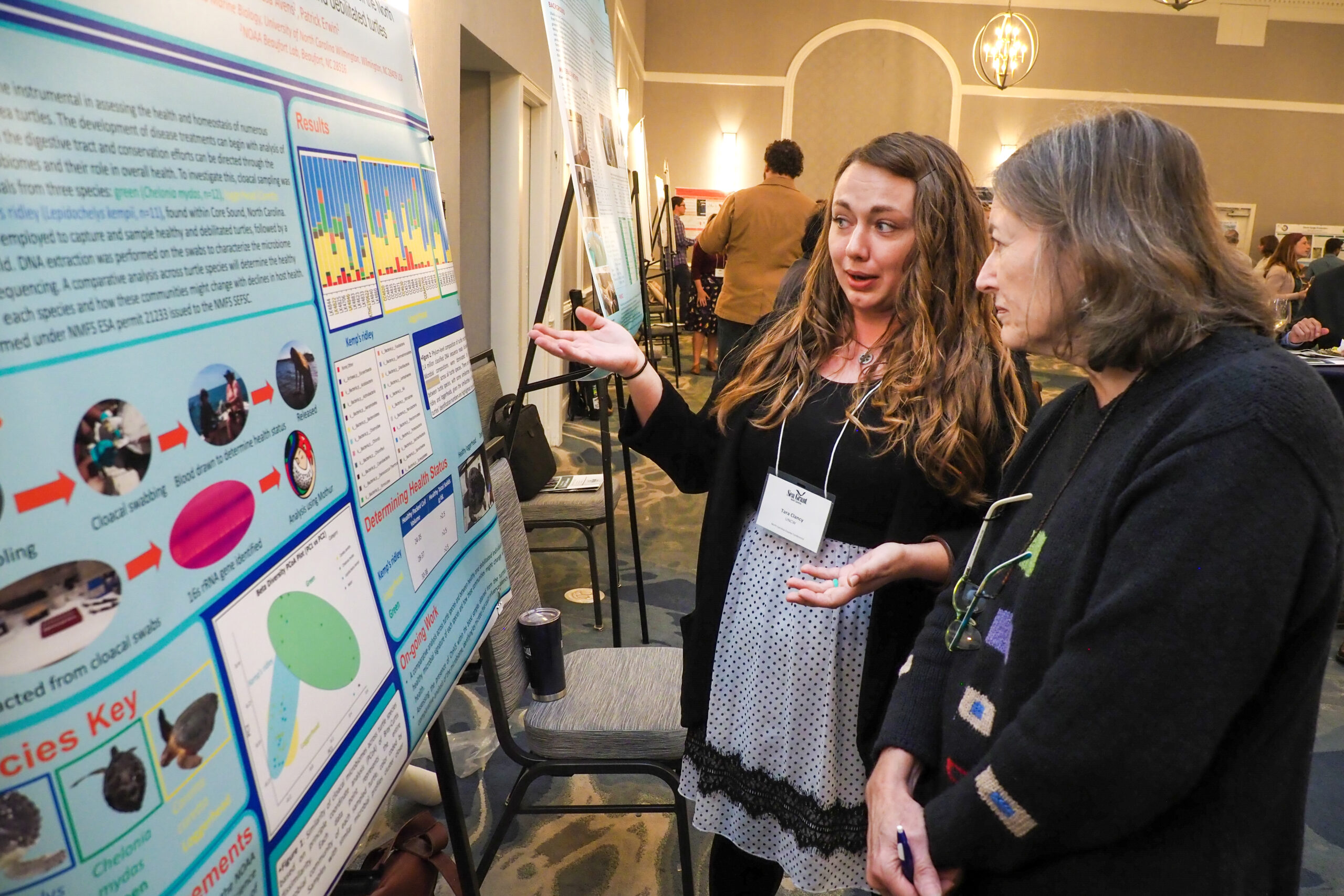 Graduate student Tara Clancy presents a research poster to an onlooker