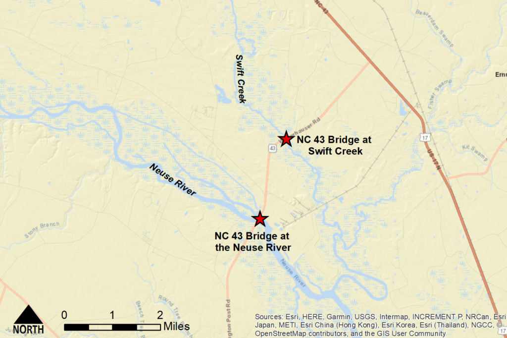 Map of N.C. 43 in Craven County, showing the bridge crossing locations at the Neuse River and at Swift Creek that were modeled to evaluate changes in upstream flooding.