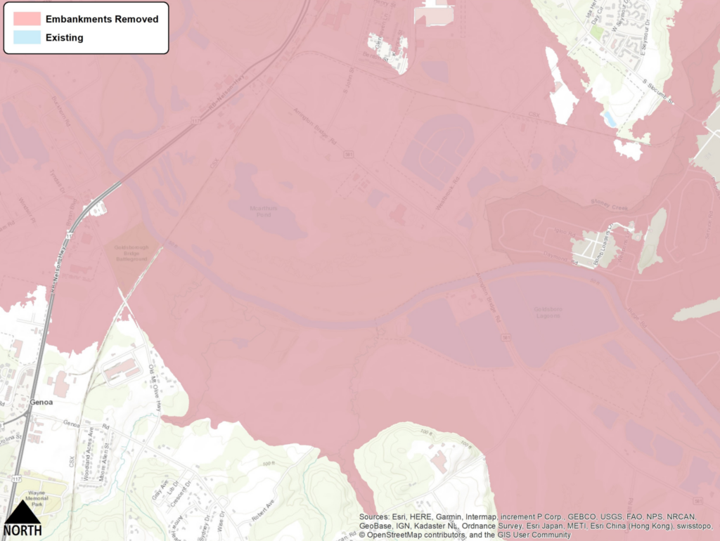 Flood extents for a Hurricane Matthew-scale event that reveals no change in the existing condition (blue) to the reduced floodplain extent (pink) as a result of modifying the Arrington Road Bridge in Goldsboro.