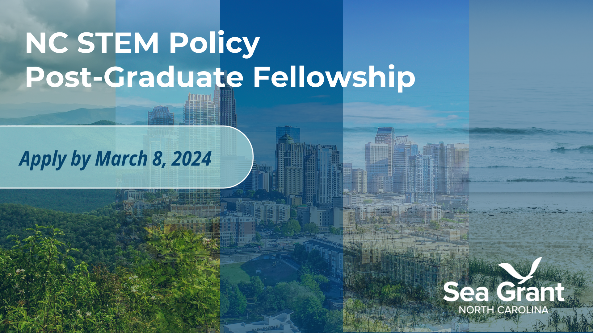 Background image shows mountain landscape, transitioning into city landscape, transitioning into beach landscape. Foreground reads, "NC STEM Policy Post Graduate Fellowship - Apply by March 8, 2024." The North Carolina Sea Grant logo is in the bottom right corner of the image.