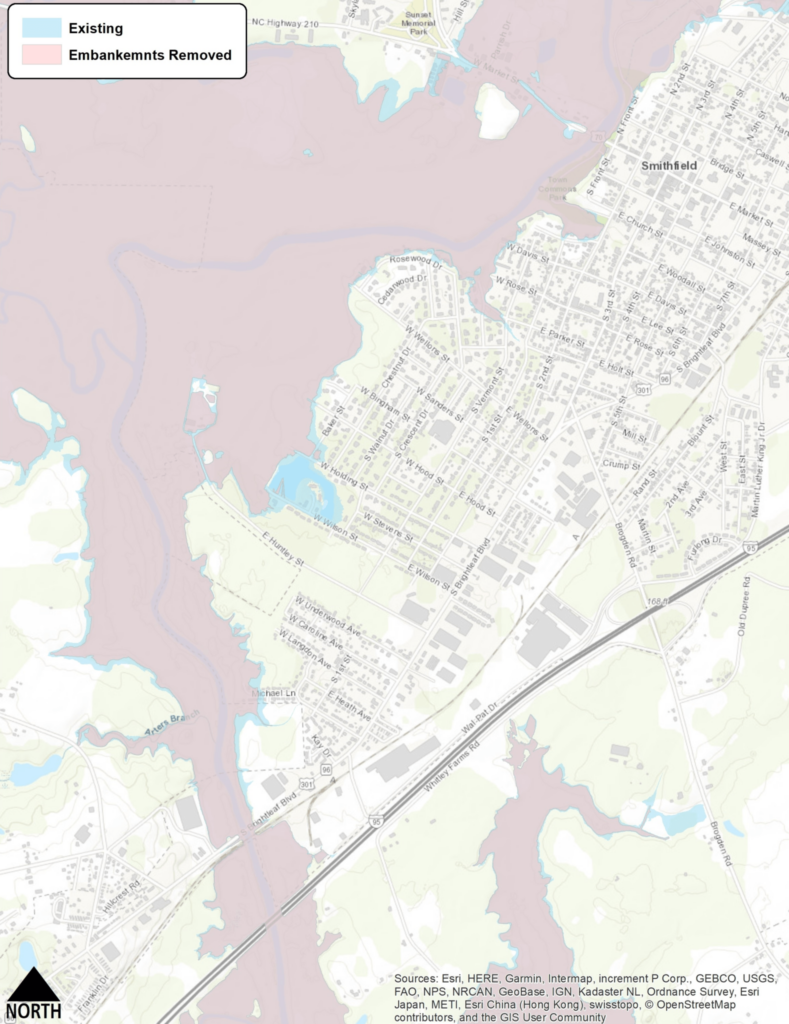 Flood extents for a Hurricane Matthew-scale event comparing the existing condition (blue) to the reduced floodplain extent (pink) that can be achieved by modifying all three bridges (U.S. 301, railroad and I-95).