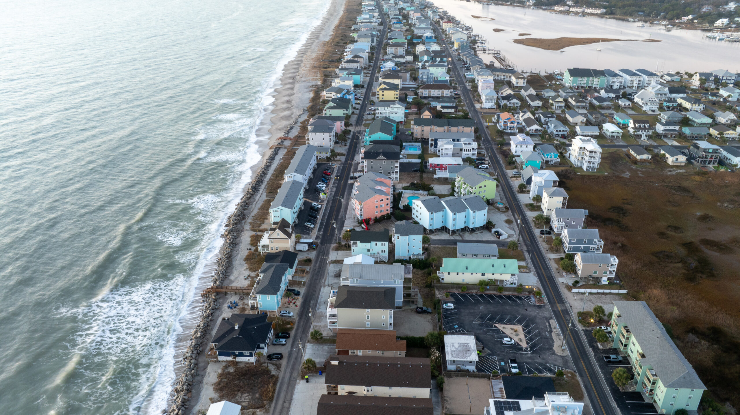 Aerial view of residential area along the shoreline in Carolina Beach, North Carolina.