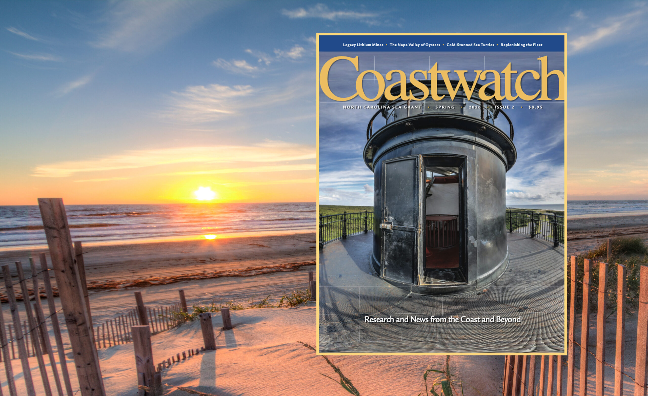 composite image of Coastwatch Spring 2026 cover of lighthouse and beach panorama.